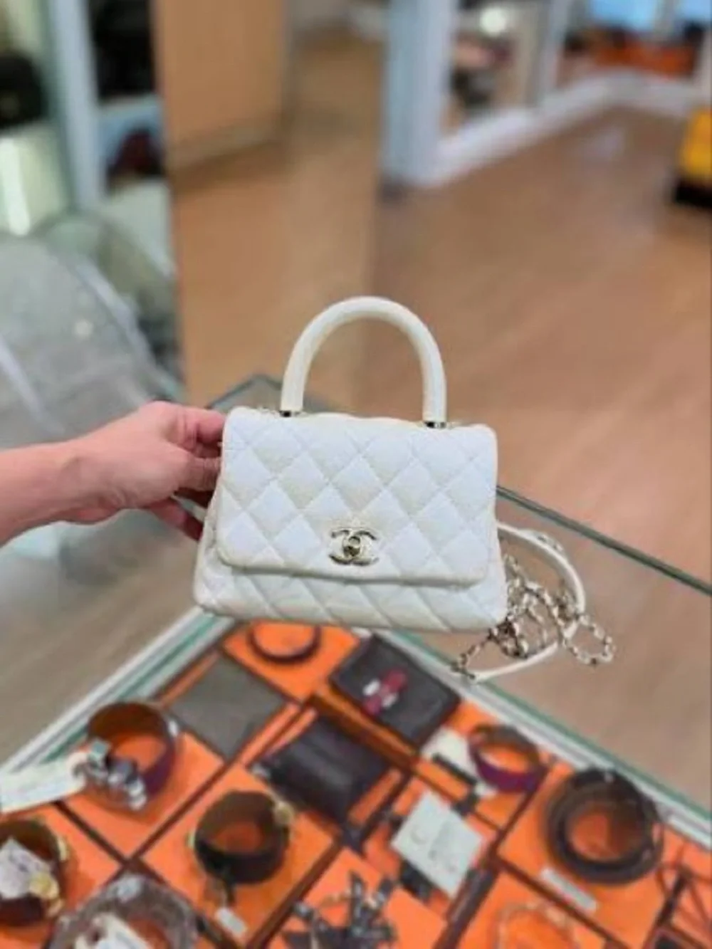 CHANEL White Handle Mini Coco  Flap Bag w/ Chain strap w/ orig rec box bag card
